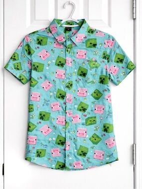 Minecraft Button Shirt Boys XL 14/16 Green Pixel Print Short Sleeve Gaming Top
